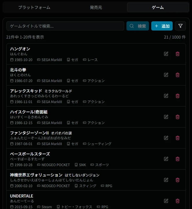 ゲームデータ管理画面